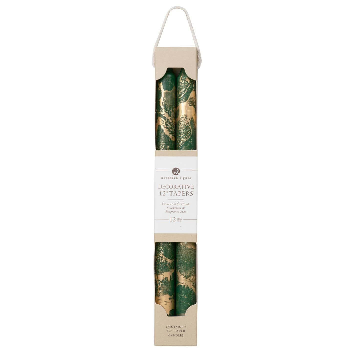 Decorative 12" Taper Candles | Green & Gold